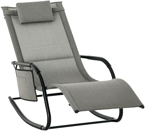 Outsunny Outdoor Garden Rocking Chair, Patio Sun Lounger Rocker Chair with Breathable Mesh Fabric, Removable Headrest Pillow, Armrest, Side Storage Bag, Dark Grey