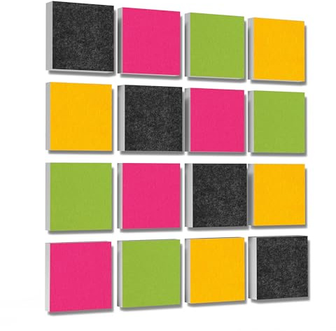 platino24 Akustikpaneele 16 Elemente 3D-Set Colore Quadrat 27,5 x 27,5 cm Multicolore I Schallabsorber aus Basotect G+ mit Akustikfilz I Schalldämmung Wand & Decke I Akustikelemente Wandpaneel