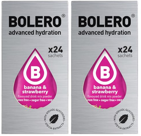 Set Bolero Drink da 48 Bustine 3 grammi Banana-Strawberry Banana-Fragola 3 gr Gusti Diversi alla Frutta Preparato Polvere Solubile Bevanda Fresca in Acqua,144 grammi dolcificato stevia,0.14 kg