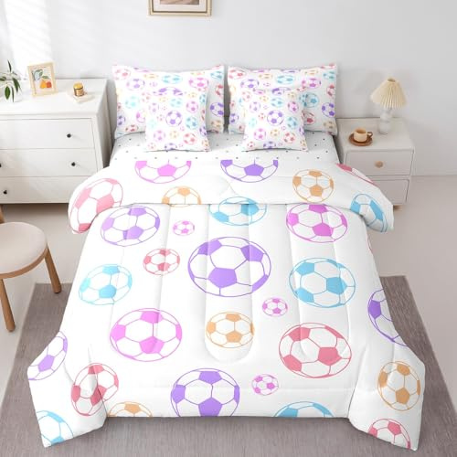 Feelyou Soccer Comforter Set Twin Size 7 Pieces Football Games Kids Boys Girls Colorful Soccer Ball Bedding Set Sports Theme Bed in a Bag with Comforter, Sheets, Pillowcases & Cushion Cover