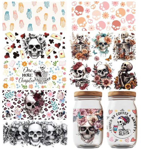GOMAKERER 10 Blatt UV DTF Cup Wrap Transferaufkleber Horror Thema Abziehbilder Zum Aufreiben Totenkopf Blume Wasserdicht Tassen Transfer Dekoration Für DIY Flaschen Getränke Marmelade Kuchenbehälter