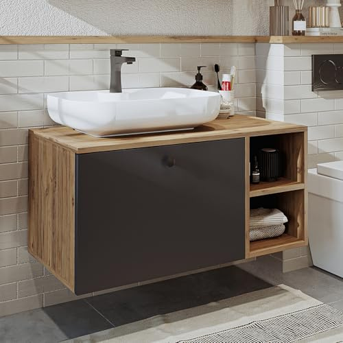 ROOMART Badezimmermöbel-Set Lotus II, 95 cm, 4-teilig – mit Keramik Waschbecken, Spiegelschrank, Unterschrank mit Seitenschrank – modernes Badmöbel Set (Anthrazit-Eiche, Unterschrank mit Waschbecken)