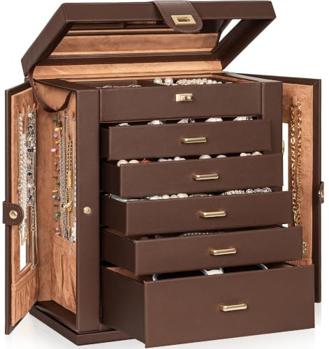 AKOZLIN 6-Tier Jewelry Box Organizer 5 Drawers Storage XXL Brown | Functional Jewelry Case for Women Girls Ring Necklace Earring Bracelet Holder Organizer with Mirror 360°Rotating