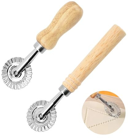 Pasta Cutter Wheel & Pastry Wheel Set - 2 Sizes (1.3 & 2.5) Stainless Steel Blades for Ravioli, Pizza, Dough - Fluted & Straight Edge with Wooden Handle, Dishwasher Safe