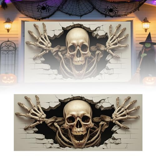 Halloween Garagentor Banner, 16 * 7FT Totenkopf kriechendes Banner, Große Outdoor Deko für Garage, Gruselige Bunte Party Dekorationen, Wanddekorationen für Urlaub, Party, Friedhofsschloss