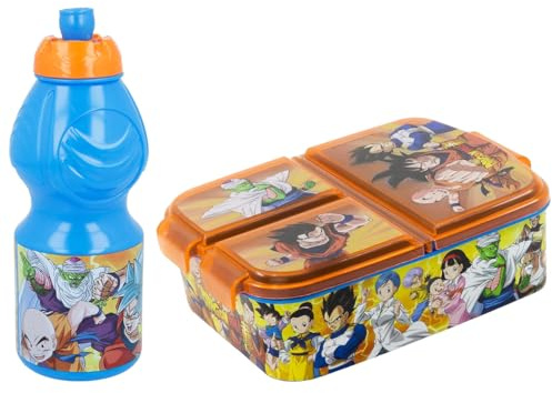 MARUKATSU Set Sandwichera Múltiple infantil y Botella Escolar - Pack Diseño Colorido | Mochila Escolar Niño Niña de 3 a 8 Años | Material Escolar Set de Almuerzo (Dragon Ball)