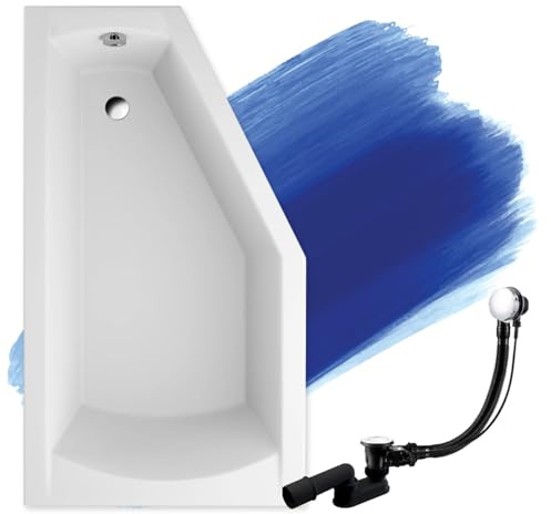 BADLAND Badewanne Original Weiß Acryl Wanne Eckbadewanne SELENA 160x90 Links KOMPLETTSET SET + Füßen und Exklusive Chrom Automatik Ablaufgarnitur Made in EU 3in1