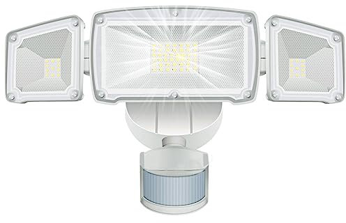 Pavewood Lumière de sécurité réglable blanche avec détecteur de mouvement de sport IP65 étanche, lumière extérieure de détecteur de mouvement pour garage, cour