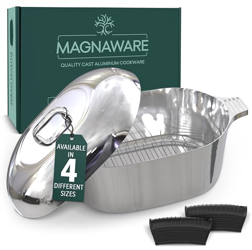 Magnaware Cast Aluminum Dutch Oven - Oval Lightweight Pot For Cajun Cookware, Bread Baking & More - Roaster Pan with Silicone Covers & Rack For Even Heat Distribution - 12L