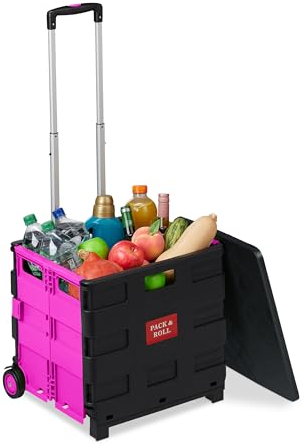 Relaxdays Einkaufstrolley klappbar, bis 35 kg, 50 l Kiste, mit Teleskopgriff, 2 Rollen, Transport Trolley, pink/schwarz