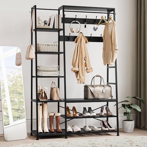 YITAHOME Coat Rack Stand with Shoe Storage, Floorstanding Hall Tree with Bench Industrial Coat Rack with 9 Hooks and 5 Shelves Clothes Rail for Bedroom Living Room Hallway Entryway, Black