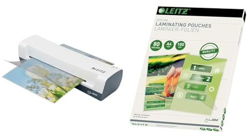 Leitz iLAM Home Laminator, Vit A4-lamineringsmaskin, Snabb Uppvärmningstid på Tre Minuter, Fickor med 75-125 Mikron, Startpaket med Fickor, 74310001 & Leitz 33808 Lamineringsfolier, Paket med 100