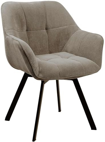 CLP Esszimmerstuhl ergonomisch Jordi Cord, drehbar mit Armlehnen, Polstersessel, 4-Fuß-Metallgestell, bis 150 kg, mit Bodenschonern | Farbe braun
