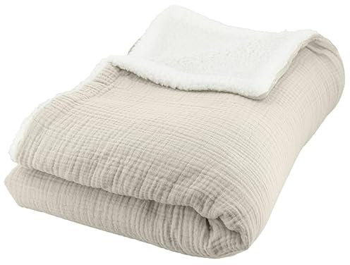 CÔTE DECO Plaid Polaire et Gaze de Coton 130x170, Couverture Chaude et Douce pour lit ou canapé. (Beige Galet)