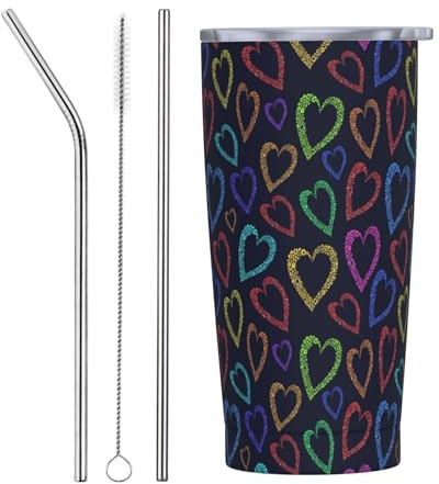 VOSERY Botella de agua de 20 onzas con tapa y popote, vaso aislado de corazón de colores, vasos de acero inoxidable, taza de café de viaje, vaso personalizado