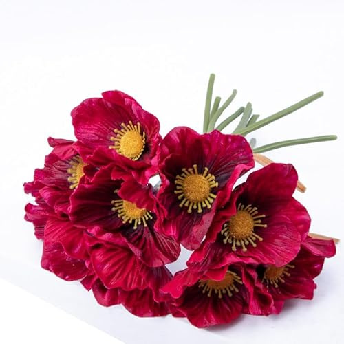 Künstliche Mohnblumen, künstliche Mohnblumen, Seide, kein Verblassen, PU-Wildblumen, Seidenmohnblumen, Blumenstrauß, Zuhause, Küche, Hochzeit, Party, Büro, Dekoration, Weinrot, 12 Bündel
