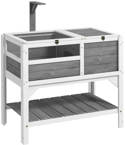 PawHut Maison enclos pour Tortues sur Pieds avec étagère de Rangement - en Bois de Sapin - Interieur et extérieur - dim. 103H x 84L x 51l cm Gris Clair