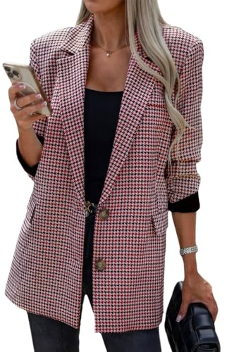 ebossy Damen Casual Oversized Blazer Anzug Revers Knopf Plaid Arbeit Büro Jacke Wolle Erbsenmantel, Rot/Ausflug, einfarbig (Getaway Solids), XL