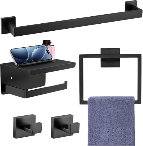 Tupello 5-Pieces Matte Black Bathroom Accessories Set, SUS 304 Stainless Steel Bathroom Hardware Set, 16 Inch Towel Bar Set, Towel Holder Towel Racks for Bathroom Wall Mounted