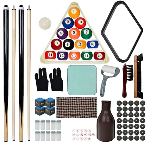 HMQQ 93-Piece Pool Table Accessories Set with Nano Chalk,2-1/4” Billiard Balls,58” Pool Cues,Triangle Racks,Tips, Gloves,Stickers,Cleaning Brush & Cloth–Complete Billiards Kit for Home Game Rooms
