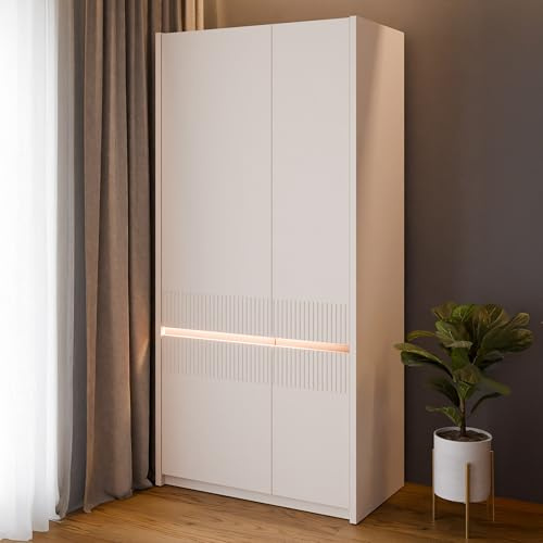 Forte Oak SQUERE Kleiderschrank 90 100, eleganter Schrank mit 2 Türen und Beleuchtung, Holzwerkstoff, 95,3 cm breit x 197,9 cm hoch x 52 cm tief