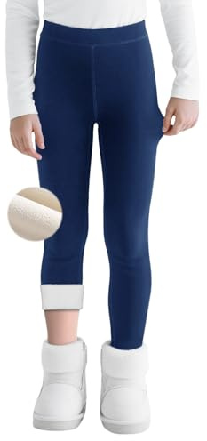 Domueay Ragazze Leggins Termici con Fodera in Pile, Morbidi Cotone Leggings Bambina Invernali Legging Felpati Vita Alta Caldi Collant Tinta Unita Elastici Lunghi Pantaloni 8-9 Anni, Blu Navy