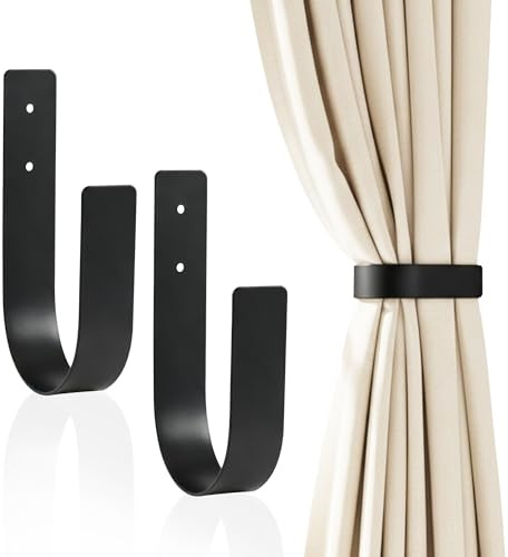 Nilioyul 2 pcs Black Metal Curtain Tie Backs, U-Shaped Curtain Holdbacks | Industrial Black Curtain Tiebacks, Robust Curtain Holders with Screws & Raw Plugs