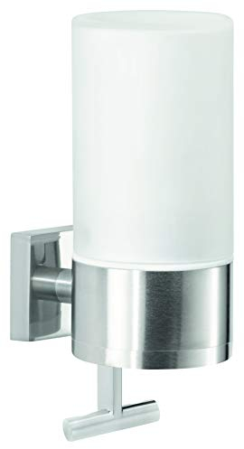 tesa EXXCLUSIV Seifenspender-Set, Milchglas und verchromtes Metall - Flüssigseifenspender zur Wandbefestigung ohne Bohren, inkl. Klebelösung - 73mm x 192mm x 115mm