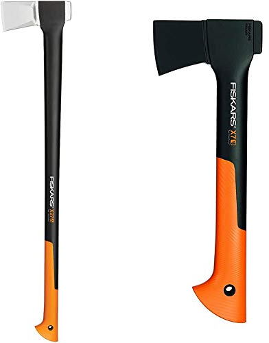 Fiskars Spaltaxt, Länge: 96 cm, Antihaftbeschichtet, Schwarz/Orange, X27–XXL, 2,57 kg & Universalaxt, Inklusive Klingen- und Transportschutz, Länge: 35,5 cm, Antihaftbeschichtet, Schwarz/Orange, X7-XS