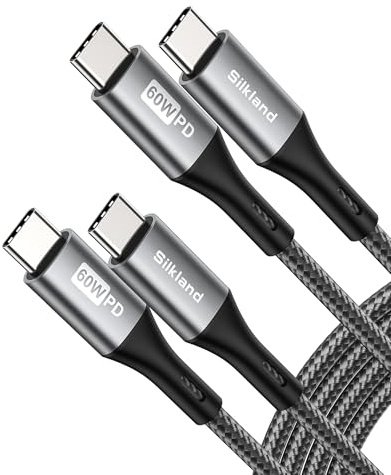 Silkland USB C to USB C Kabel 1M 2Pack, 60W 20V/3A, PD3.0 & QC4.0+, USB-Typ C Snabbladdningskabel Nylonflätad för Samsung S25/S24/S23/S22/S21, iPad Pro/Air/Mini, MacBook Air/Pro, Phone 17/16/15, Pixel