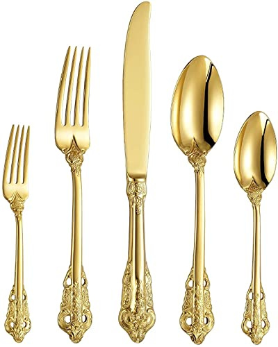 ESSONIO Goldenes Geschirr-Set, 20-teiliges Edelstahl-Besteck-Set für 4 Personen, Küchenutensilien-Set, Geschirr-Besteck-Set für Zuhause und Restaurant