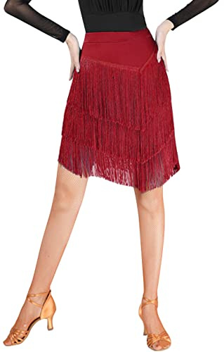 SEAUR Latein Tanzrock Damen Bauchtanz Hüfttuch Fransen Rock Ballsaal Rumba Cha Cha Samba Tanzkleid Dunkelrot - M