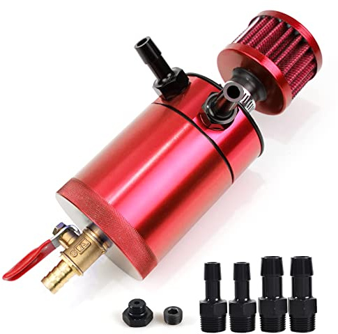 WENJTP Oil Catch Can Kit with 4 Adapters + Breather Filter Drain Valve Plug 2 Ports (1 oulet + 1 inlet) 150ml Universal Aluminum Baffled Oil Reservoir Tank Oil Separator HTRACING