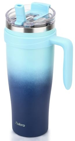 Zukro 50 oz Tumbler With Handle and Flip Straw, Triple-wall Insulated Stainless Steel Cup with 2-in-1 Sip/Straw Lid, Large Leak Proof Travel Mug, Fit in Cup Holder, Keeps Cold 34 Hours, Bluewave