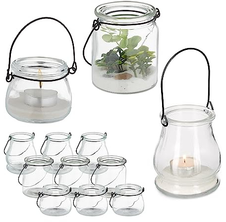 Relaxdays Vindljus i glas, set om 12, värmeljushållare med svart handtag, 3 olika storlekar, ljusglas, rund, transparent