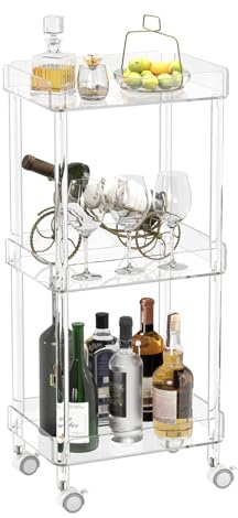 HMYHUM Small Acrylic Bar Cart, 15.2 L x 11.2 W x 34.2 H, 3 Tier Mini Rolling Serving Cart with 4 Lockable Wheels for Home Bar, Kitchen, Living Room, Modern, Clear