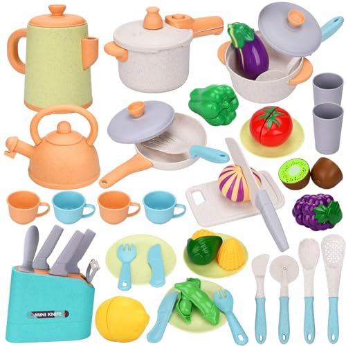 YUTUY Giocattoli da Cucina per Bambini,42 Pezzi Set Accessori Cucina Bambini con Pentole Giocattolo,Taglio Cibo Verdura,Accessori Cucina Giocattolo per Bambini,Giochi di Ruolo per Bambini 3 + Anni