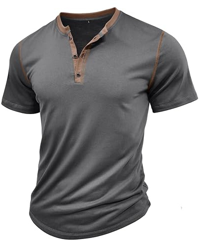 MakingDa Henley Homme Manche Courte Boutons Gym Été Uni Golf Sport Strech Uni T-Shirt Muscle Classique Casual Léger Slim Fit Travail Grandad Shirt Gris foncé S