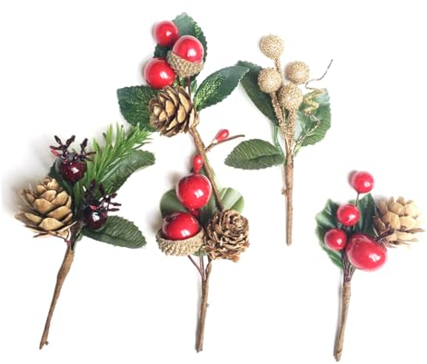 CVNIMV 10 Stück künstliche Tannenzapfen, Beerenstiele, Grußkarten, künstliche Mini-Schneekiefern-Picks, Grußblumensimulation, Tannenzapfen, Nadeln, Glöckchen, rote Beeren, Weihnachten