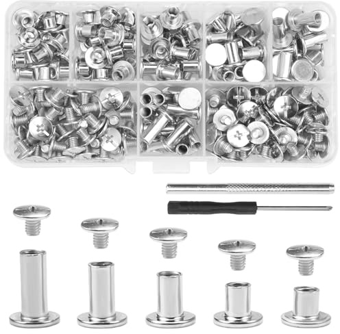 100 set Chicago bindande skruvsats, 4 storlekar runt korshuvud metall skruvset med skruvdragare, platta huvudskruvar och runt huvud för gör-det-själv-bindning, dekoration, läder