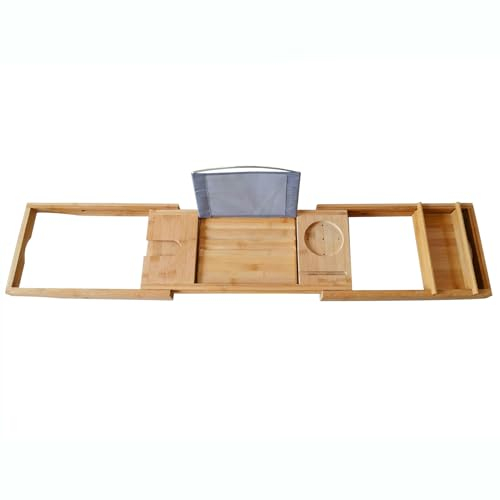 Badewannenablage, Bambus Faltbares Badezimmertablett, Verstellbares HolzBadewannenbrett, Badewannen Ablagen Mit BüCherregal Passend, mit Getränkehalter, 109 * 23 * 4,5 cm