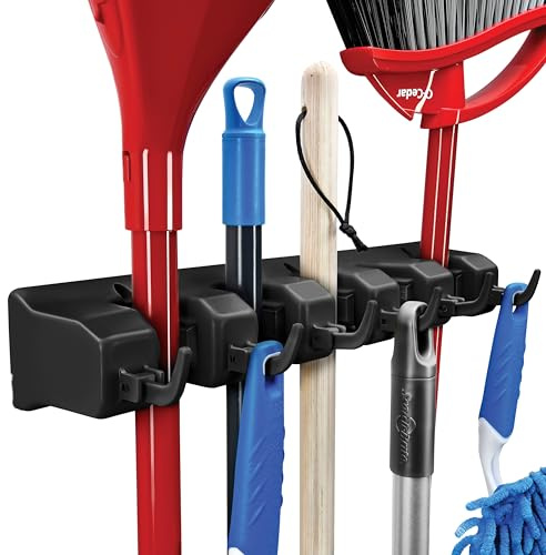 Mop and Broom Holder Wall Mount - Garage Storage Organizer with 5 Slots, 6 Hooks, 7.5lbs Capacity Per Slot - Home, Kitchen, Closet, Garden Tools, Laundry Room Organization – Black Broom Hanger