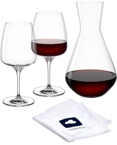LEONARDO HOME CESTI Wine Set (Set of 3) Including Polishing Cloth • Dishwasher Safe Wine Set • Shockproof Red Wine Set • Low Style Wine Glasses (500 ml) • High Quality Glass Carafe (1500 ml) • 040974