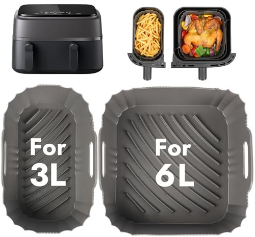 BYKITCHEN Silicone Air Fryer Liners for Phillips, 2PCS Air Fryer Accessories for Philips Dual Basket 3000 Series 9L (3L & 6L) / Tefal/Cookwise 2 Drawer Airfryer