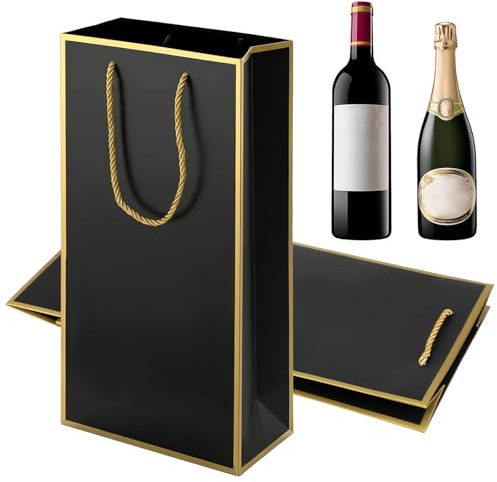 2 Stück Luxuriöse Weintaschen, Doppelte Geschenktüten Für Zwei Flaschen Mit Goldrand Hochwertige Verpackung Für Hochzeit, Party, Geburtstage (Schwarz, 35 Cm)