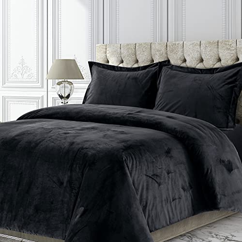 Tribeca Living VENICEDUVETQUBL Venice Velvet Oversized Solid Duvet Set, Queen, Black
