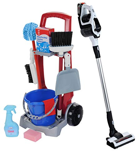 klein Theo 6096 Carrello delle pulizie I 9 accessori tra cui aspirapolvere giocattolo, scopa, mocio, secchio e molto altro I Giocattoli per bambini dai 3 anni in su