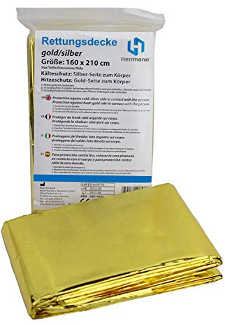 Herrmann Rettungsdecke Gold Silber | 10 Stück 210 x 160 cm | Notfalldecke für erste Hilfe im praktischen Vorteilspack | Wasser- und Winddichte Sicherheitsdecke zum Schutz bei Unfällen