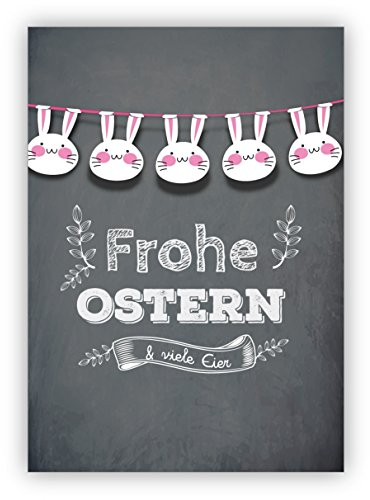 Im 16er Glückwunsch Set: Fröhliche Osterkarte im Tafel Look mit Hasen Girlande: Frohe Ostern & viele Eier • Klappkarten im Set mit Umschlägen als Oster Grußkarten, Gutschein, Geschenk-karten