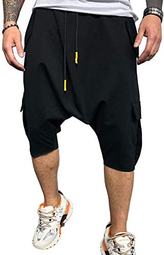 YOUCAI Pantalones Cortos Harem para Hombre Pantalones Deportivos Casuales 3/4 Cómoda Cintura Elástica,Negro,XL